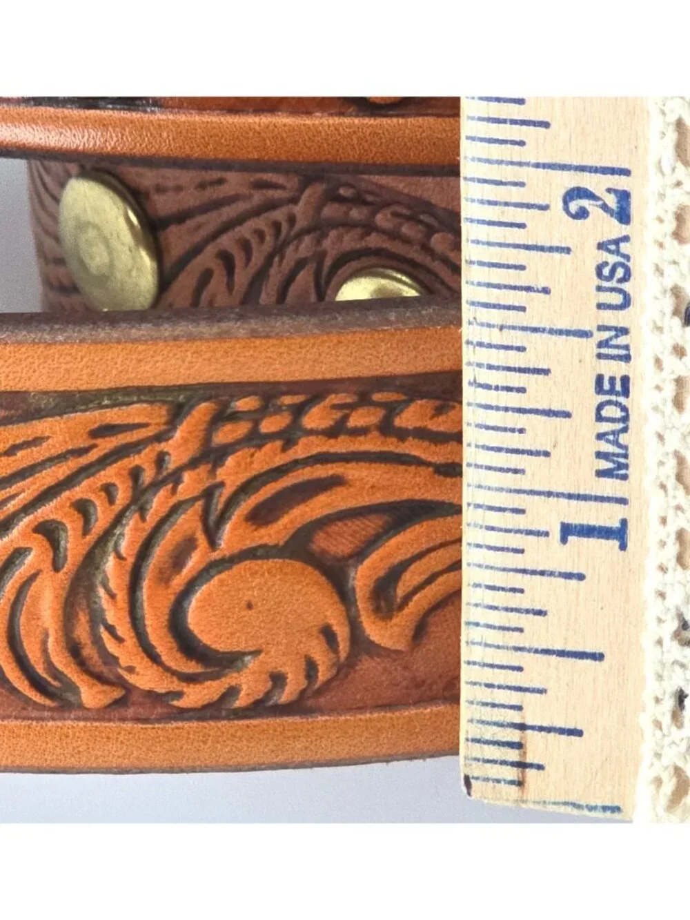 Genuine Tooled Leather Western Belt Engraved Silver Tone Buckle Scroll 42